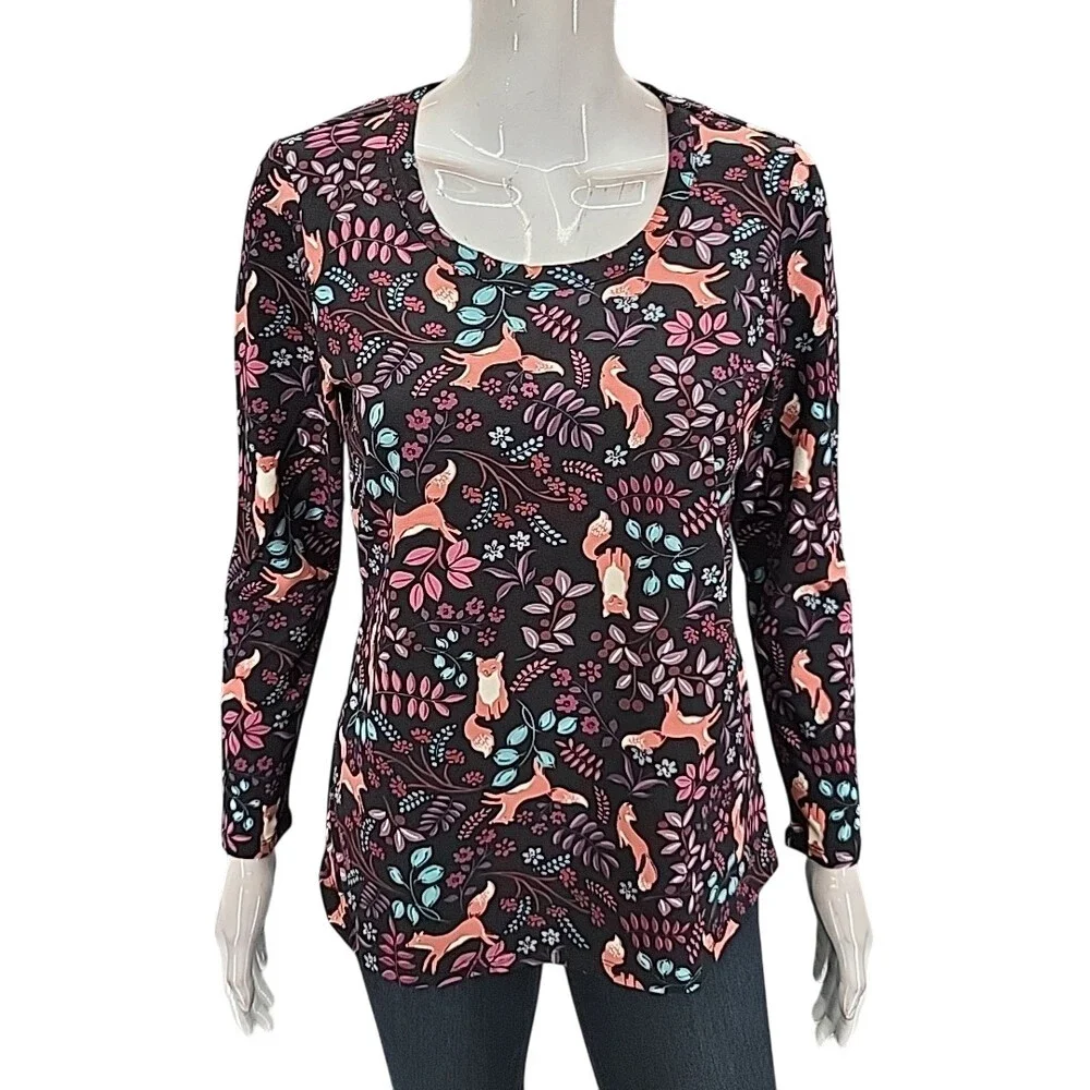 Womens Long Sleeves Allover Graphic Printed Top Petite Small Size Tee Shirt